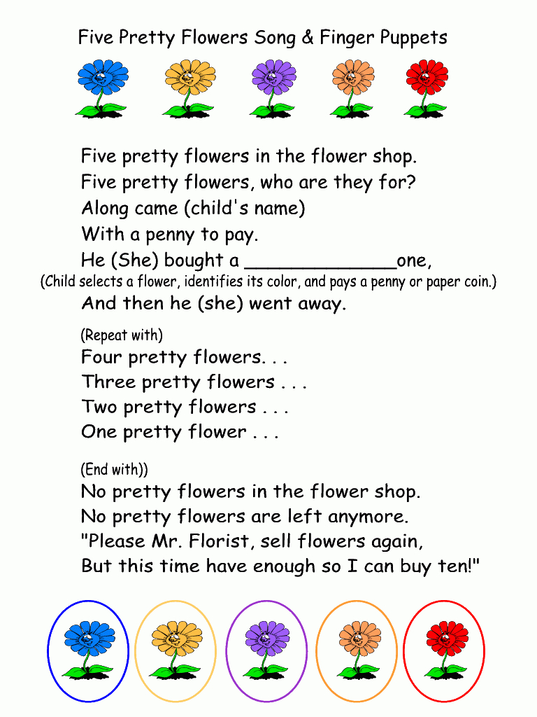 Five Pretty Flowers Song &amp;amp; Finger Puppets Printable And