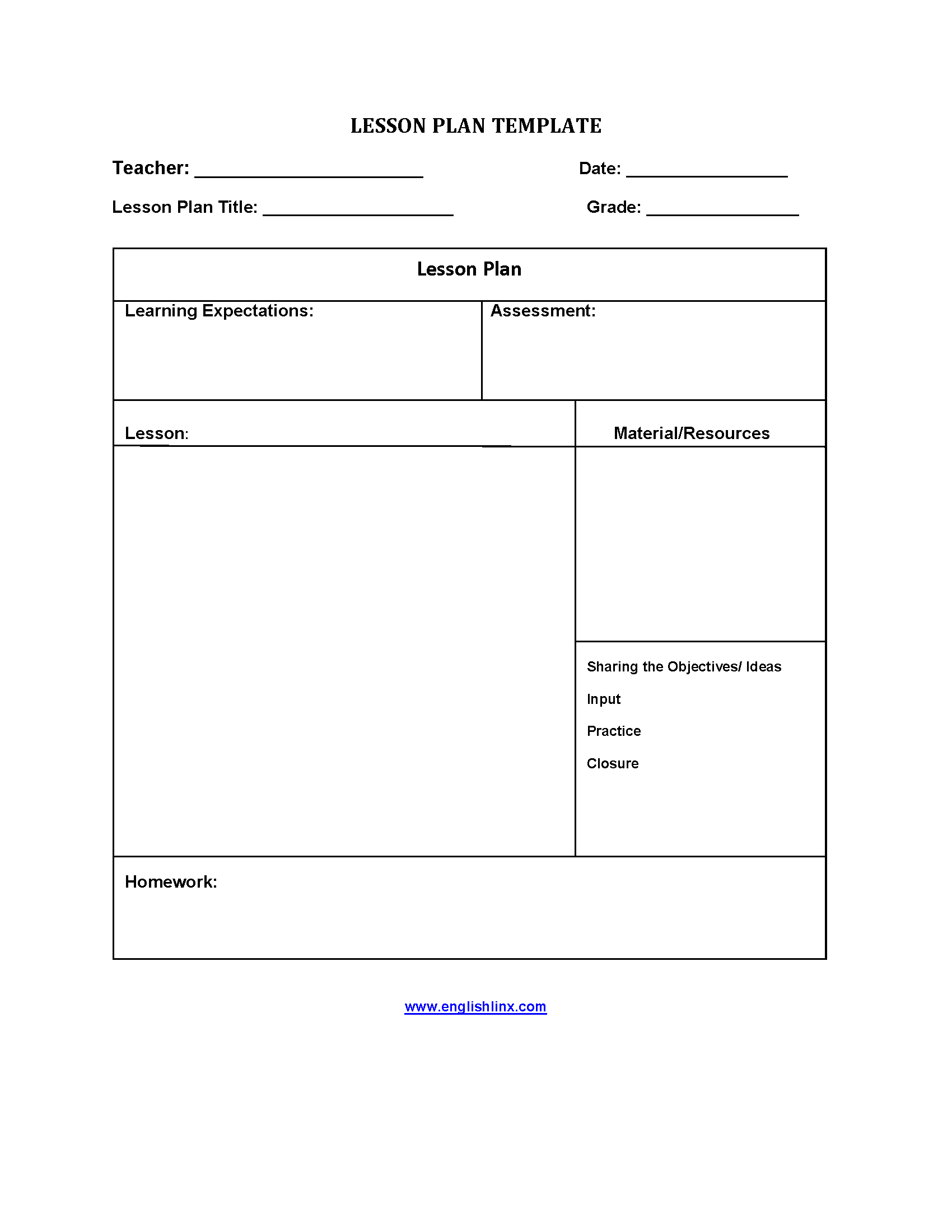 Five Step Lesson Plan Template | Ela Lesson Plan Template