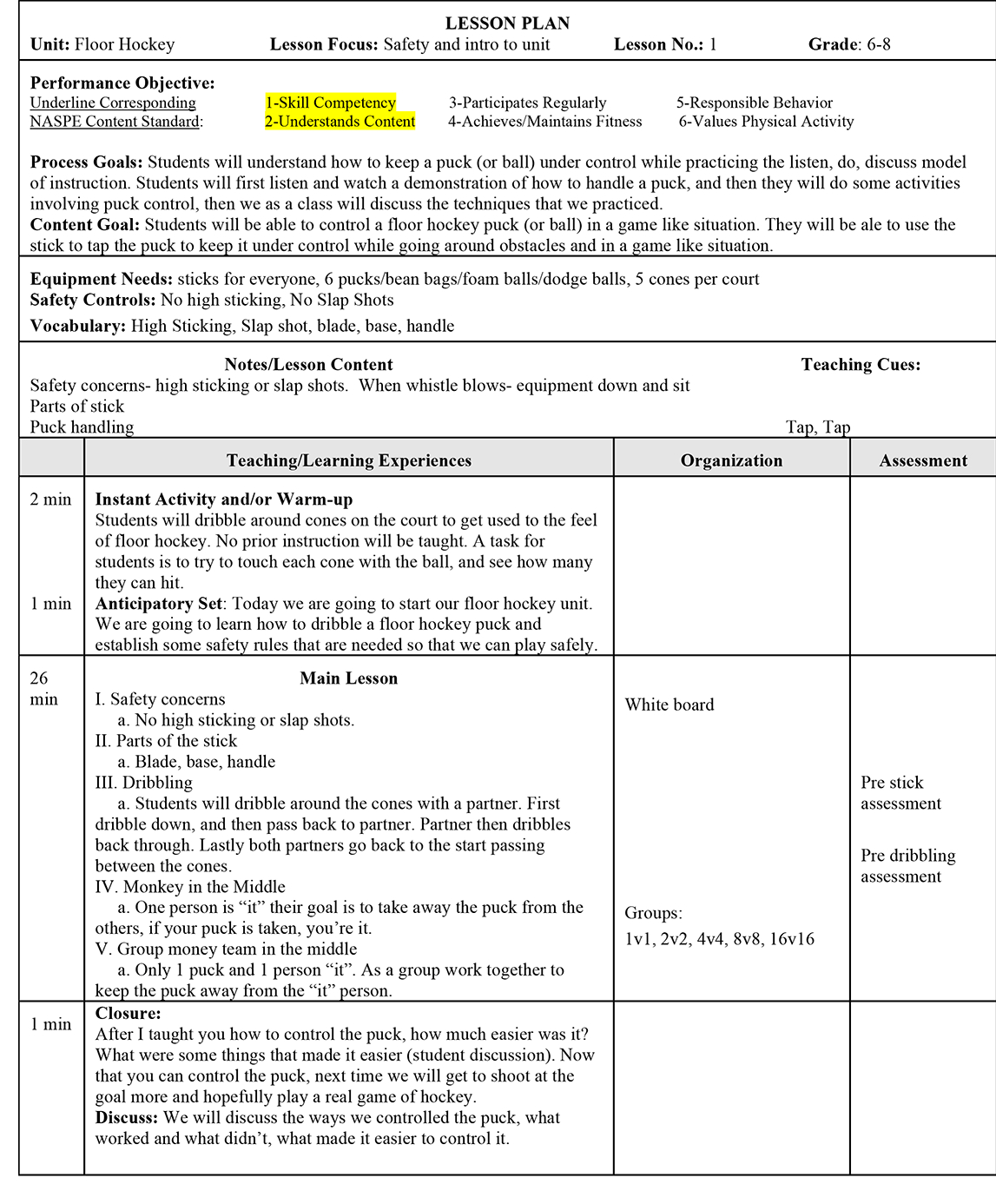 Floor Hockey Unit Plan (6 Lessons + Assessment) - Pe Scholar