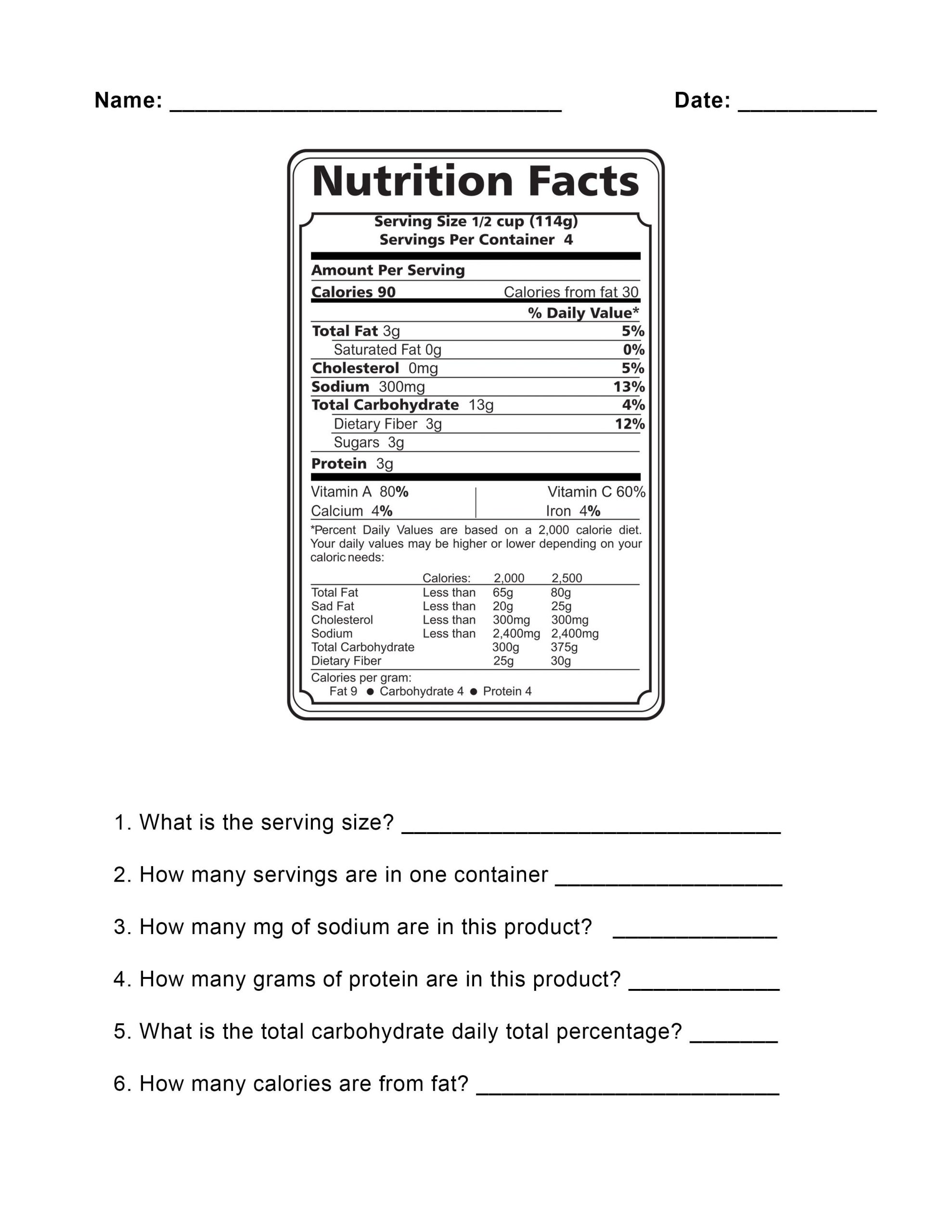 Comparing Food Labels Worksheets