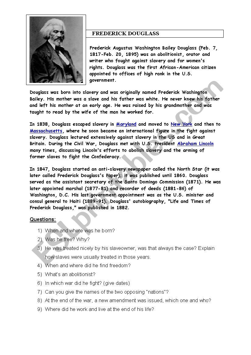 Frederick Douglass - Esl Worksheetobindidon