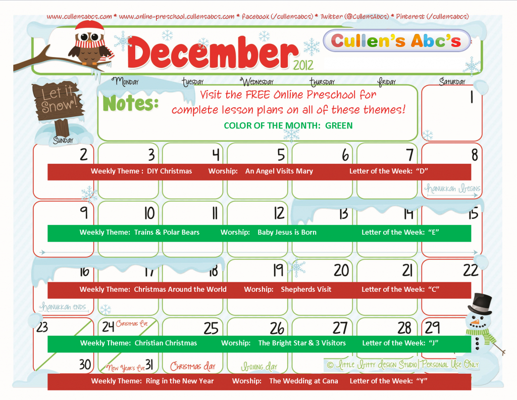 Free Online Preschool December 2012 Theme Calendar Http