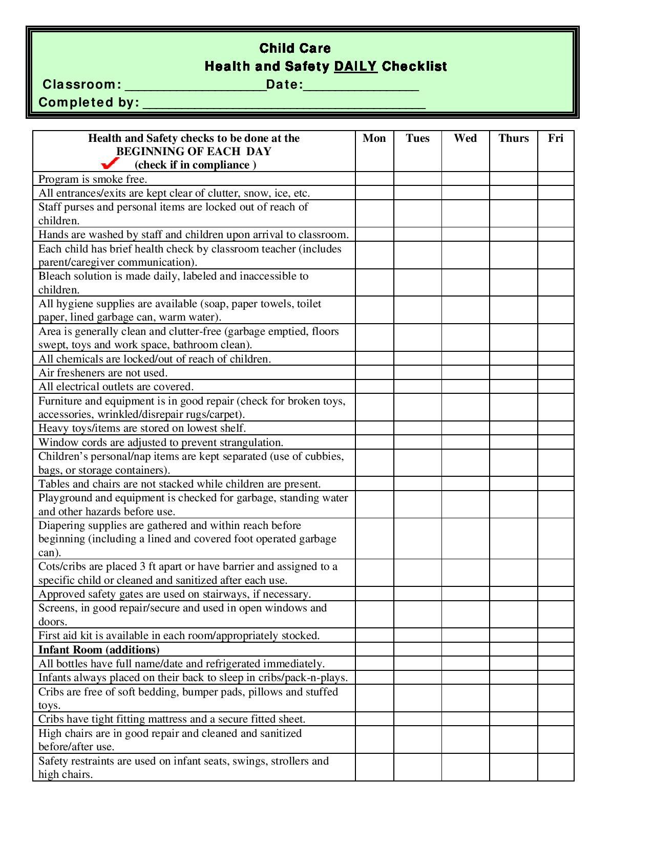 Free Printable Child Care Health And Safety Daily Checklist