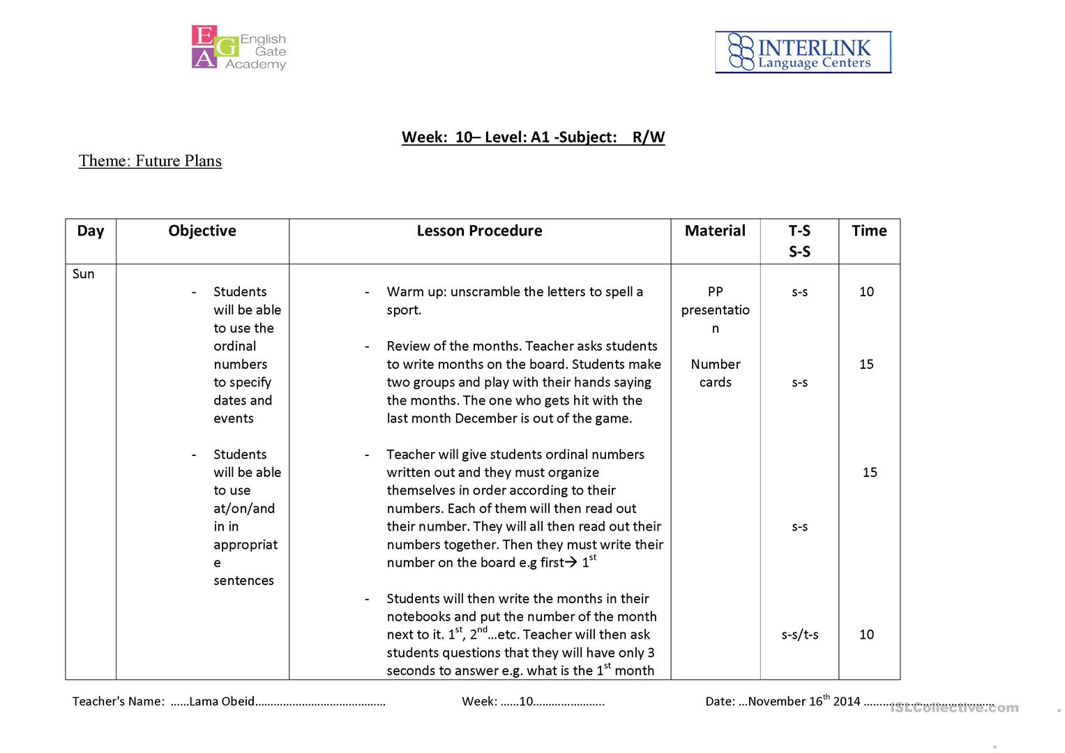 Future Plans (Going To) Lesson Plan (Reading And Writing