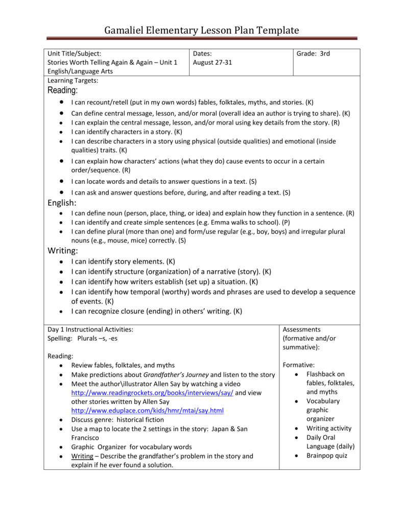 Gamaliel Elementary Lesson Plan Template