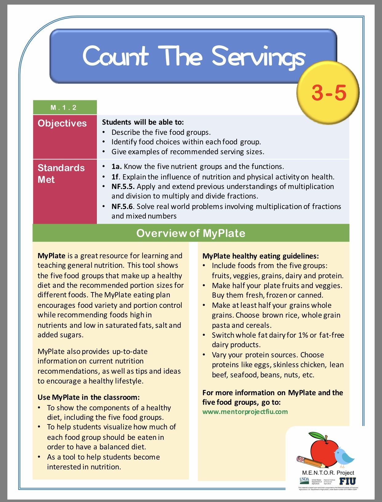 General Nutrition Math Lesson Plan For Grades 3-5 (With