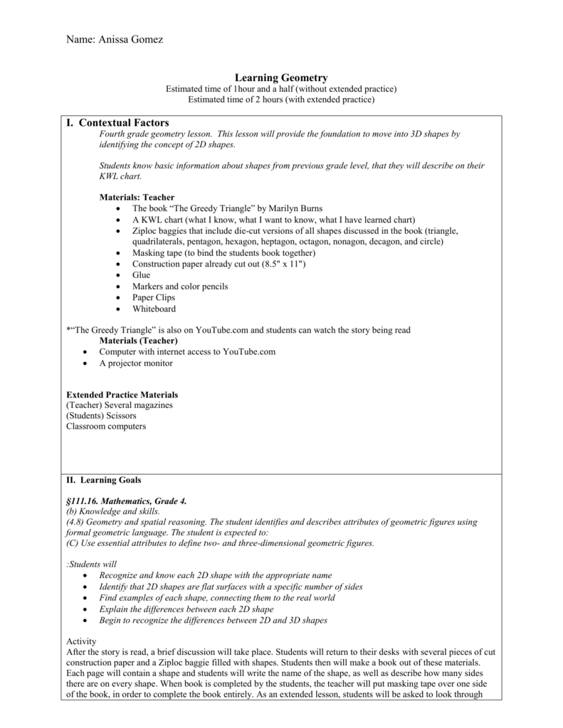 Geometry Lesson Plan. 4Th Grade Differentiated Instruction