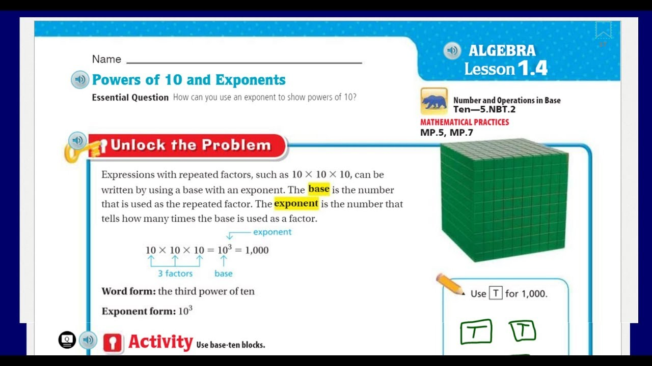 Go Math 5Th Grade Lesson 1.4 Powers Of 10 And Exponents