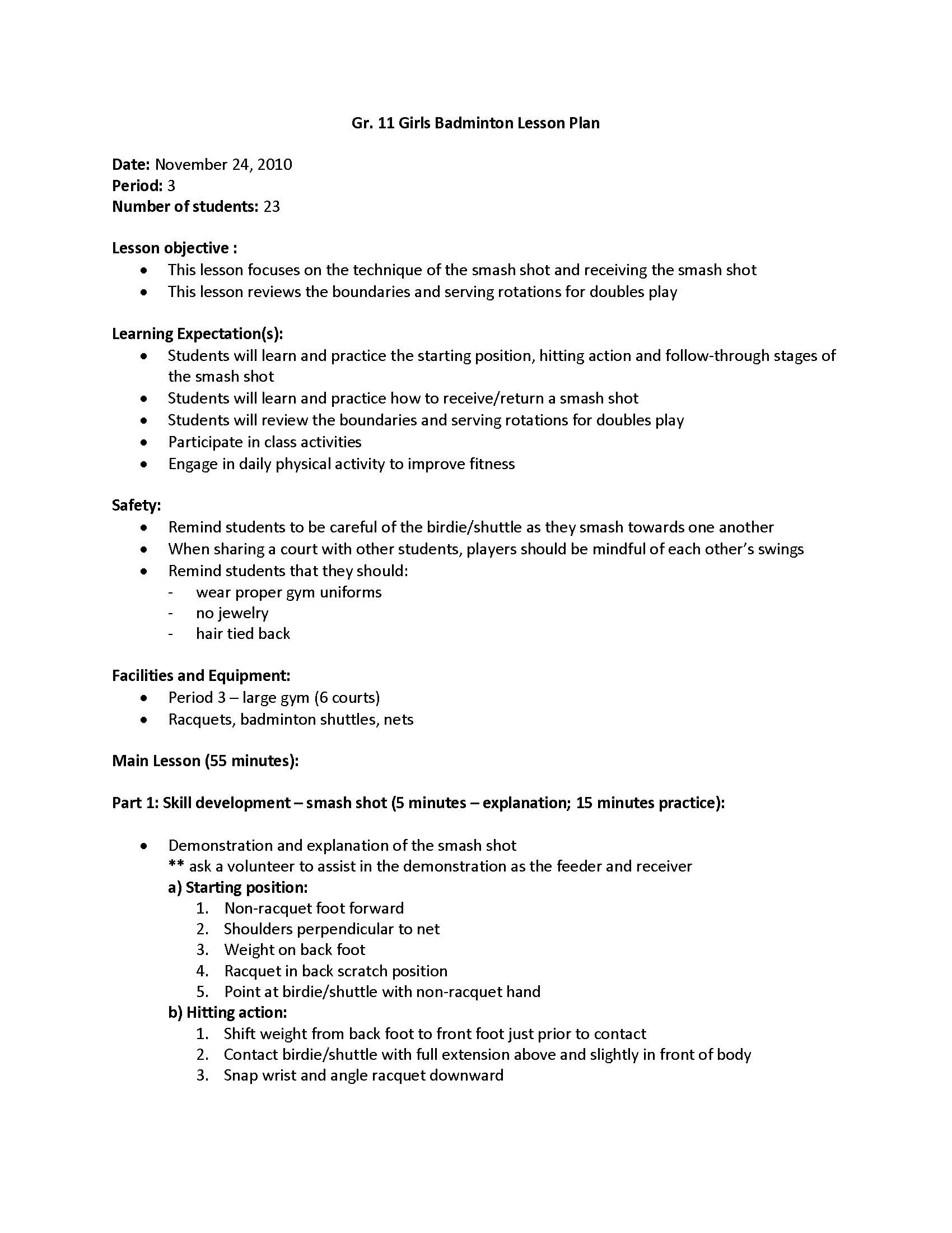 Gr.11 Badminton Lesson Plan | Cindy Chan &amp;#039;s Teaching Portfolio