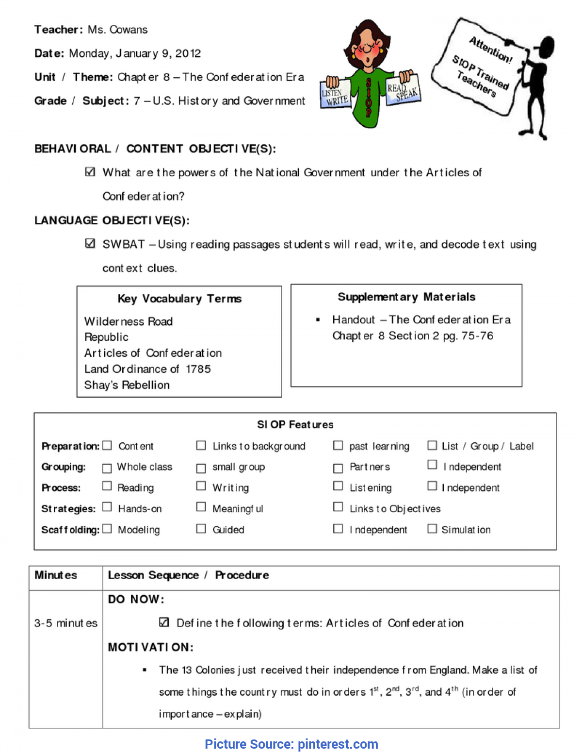 Great 6Th Grade Esl Lesson Plans Lesson Plan Siop - Chapter