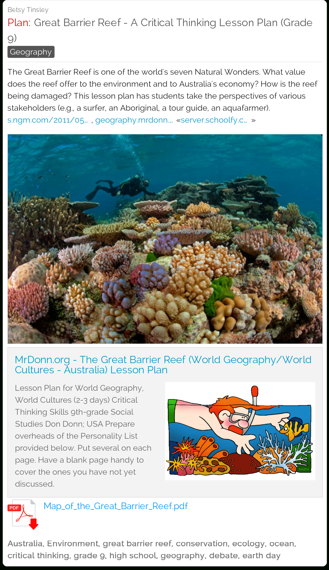 Great Barrier Reef - A Critical Thinking Lesson Plan (Grade