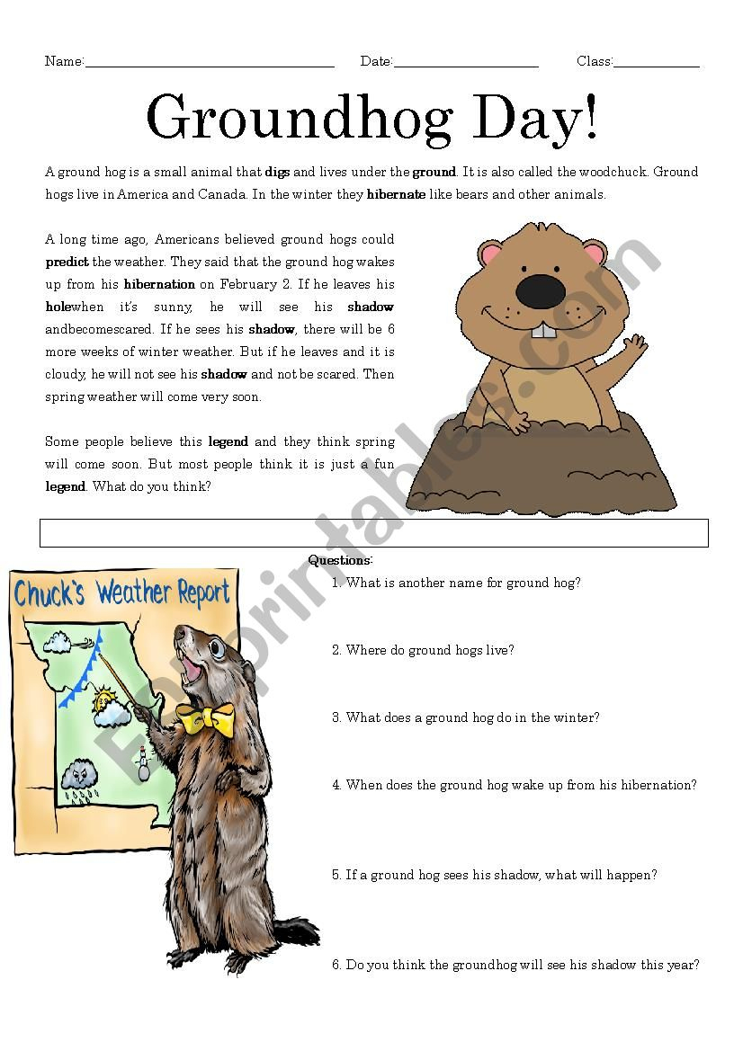 Groundhog Day Reading Comprehension - Esl Worksheetmrsemi