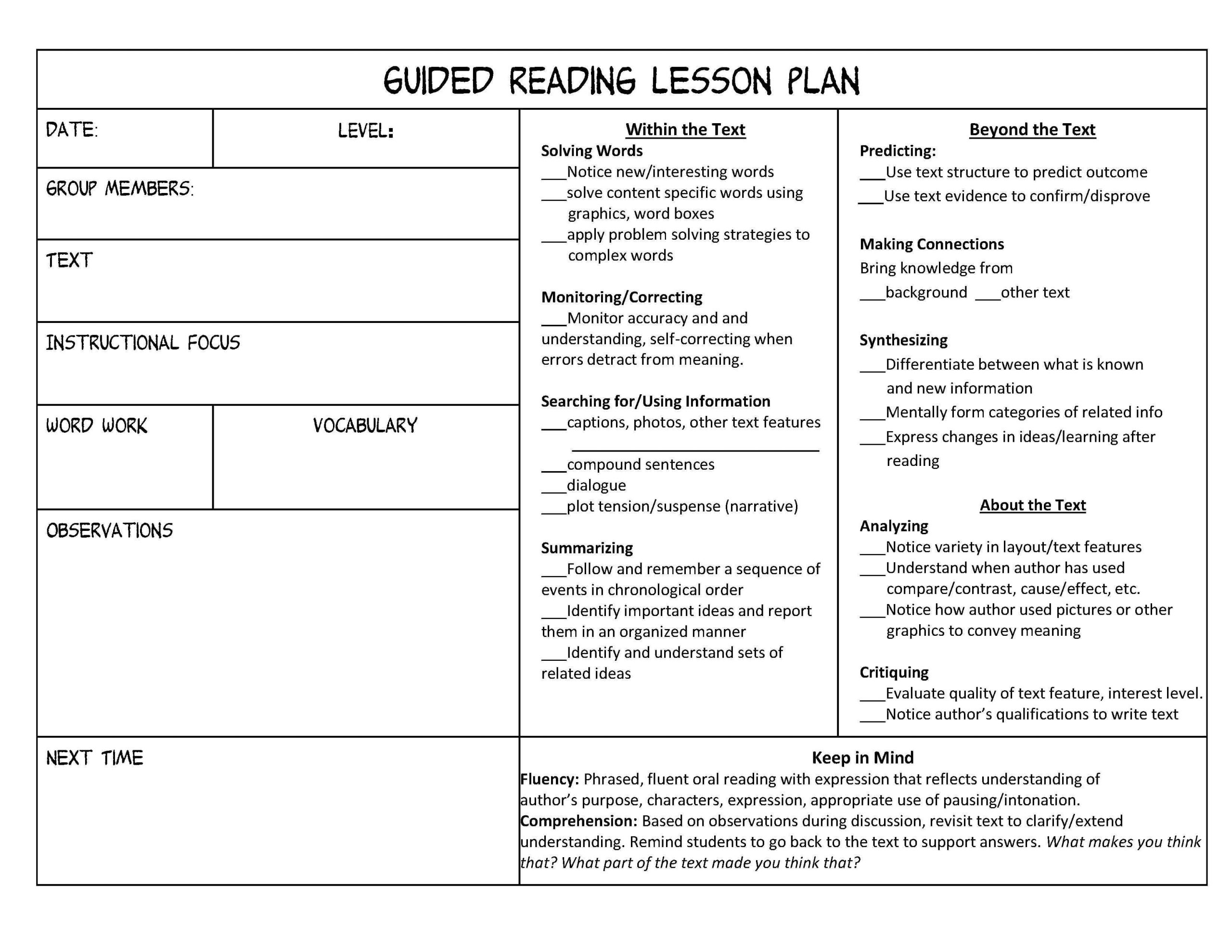 Guided Reading Lesson Plan Template - Lesson Plans Learning Within Guided Reading Lesson Plan Template Fountas And Pinnell
