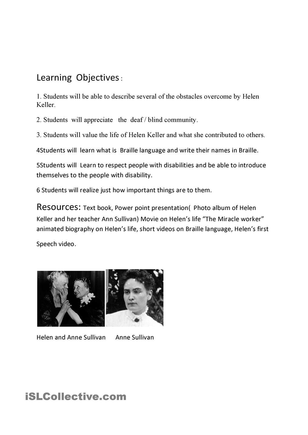 Helen Keller Lesson Plan | Helen Keller Lessons, Helen