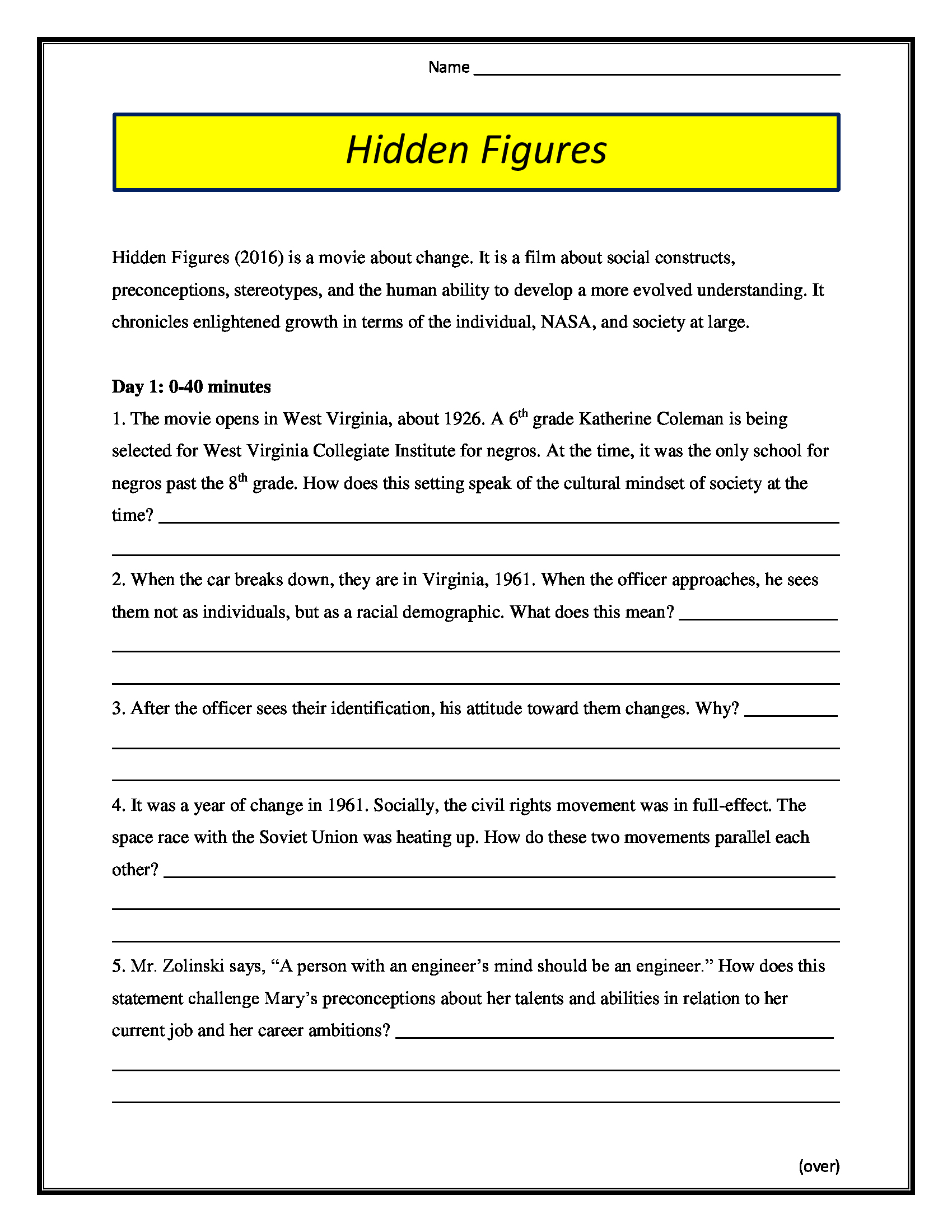 Hidden Figures Movie Worksheet (2016, Pg)