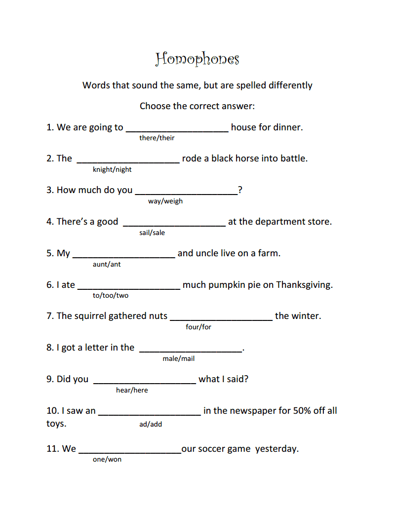 Homophones Worksheet- Use For Homework On Monday Night