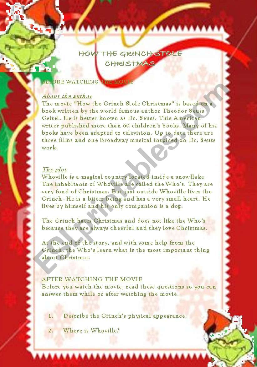 How The Grinch Stole Christmas - Lesson Plan 2 Pages - Esl
