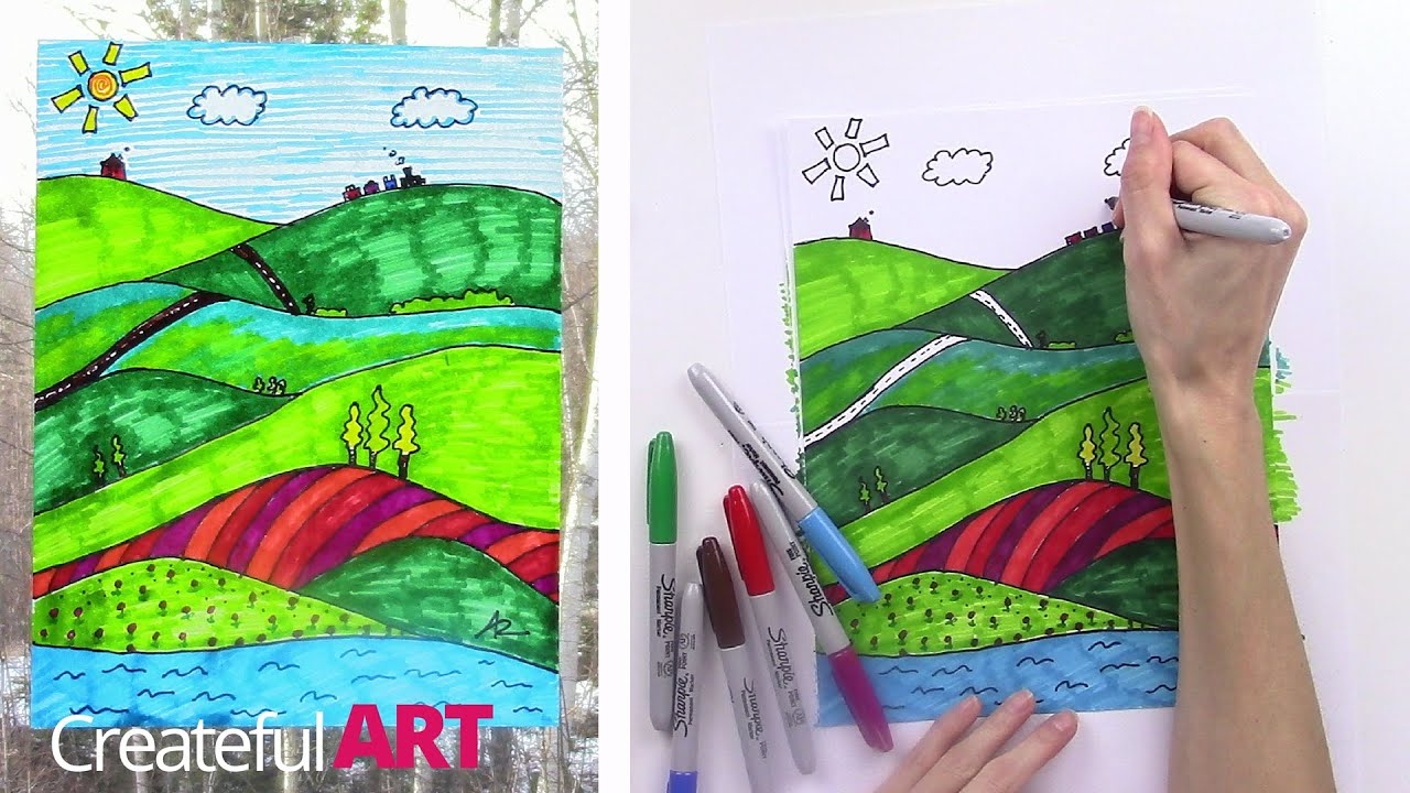 How To Draw A Landscape--Art Lesson For Kids