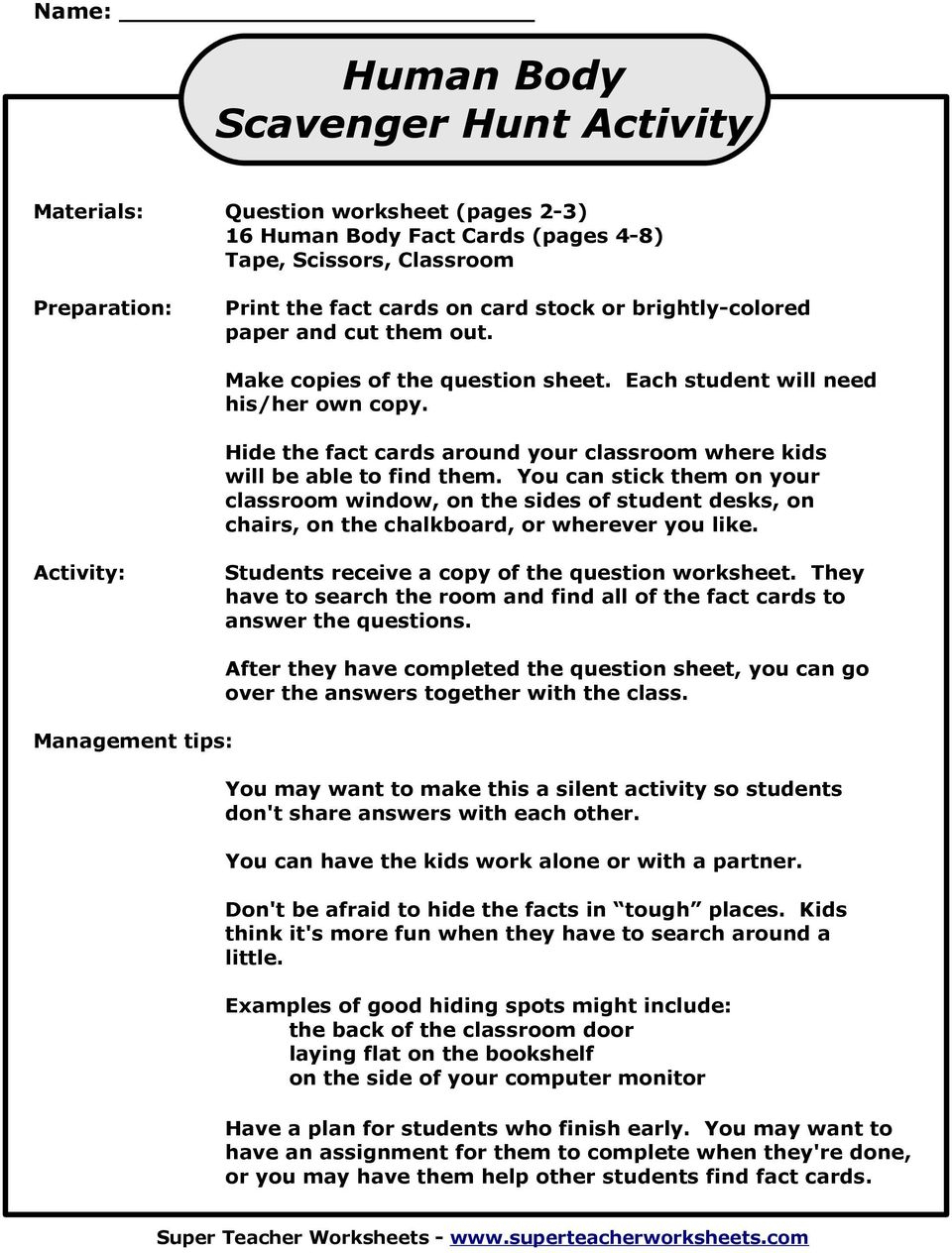 Human Body Scavenger Hunt Activity - Pdf Free Download