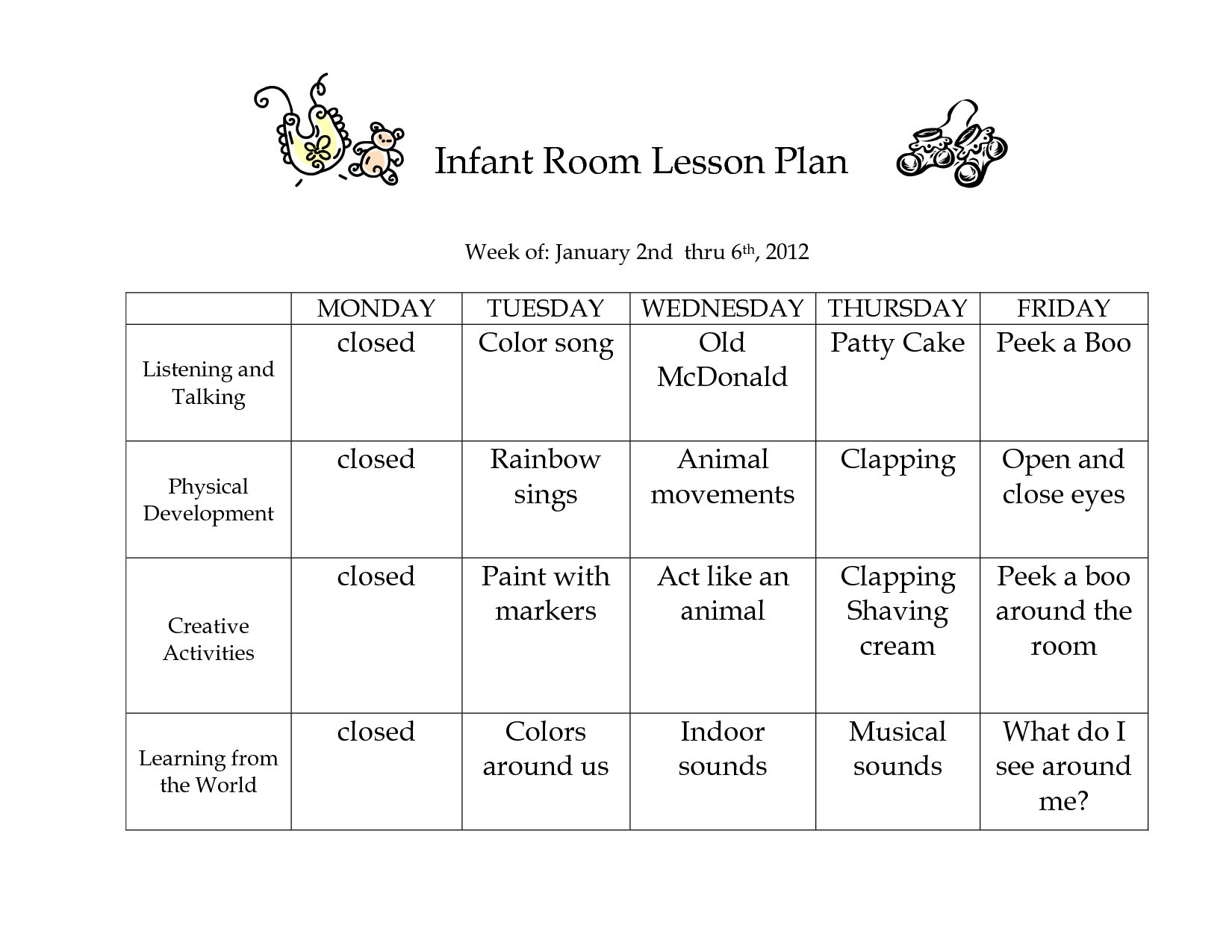 Infant Blank Lesson Plan Sheets | Infant Room Lesson Plan