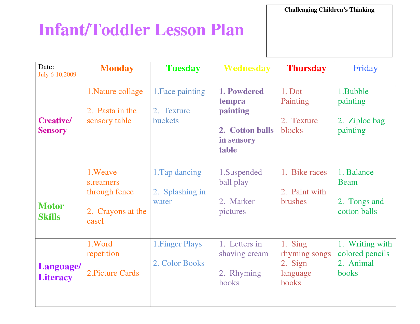 Infant Blank Lesson Plan Sheets | Infanttoddler Lesson Plan