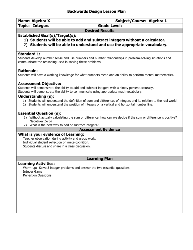 Integers Lesson Plan And Activity