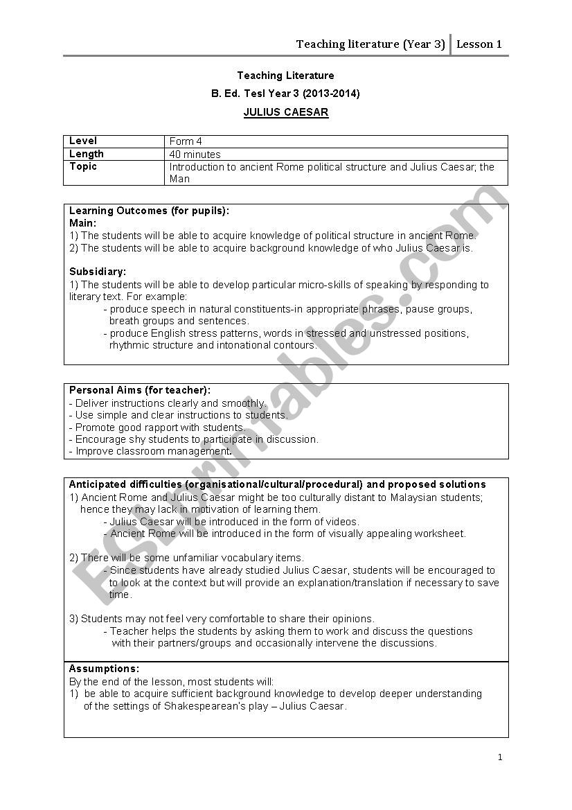 Introduction To Shakespeare´s Julius Caesar - Esl Worksheet