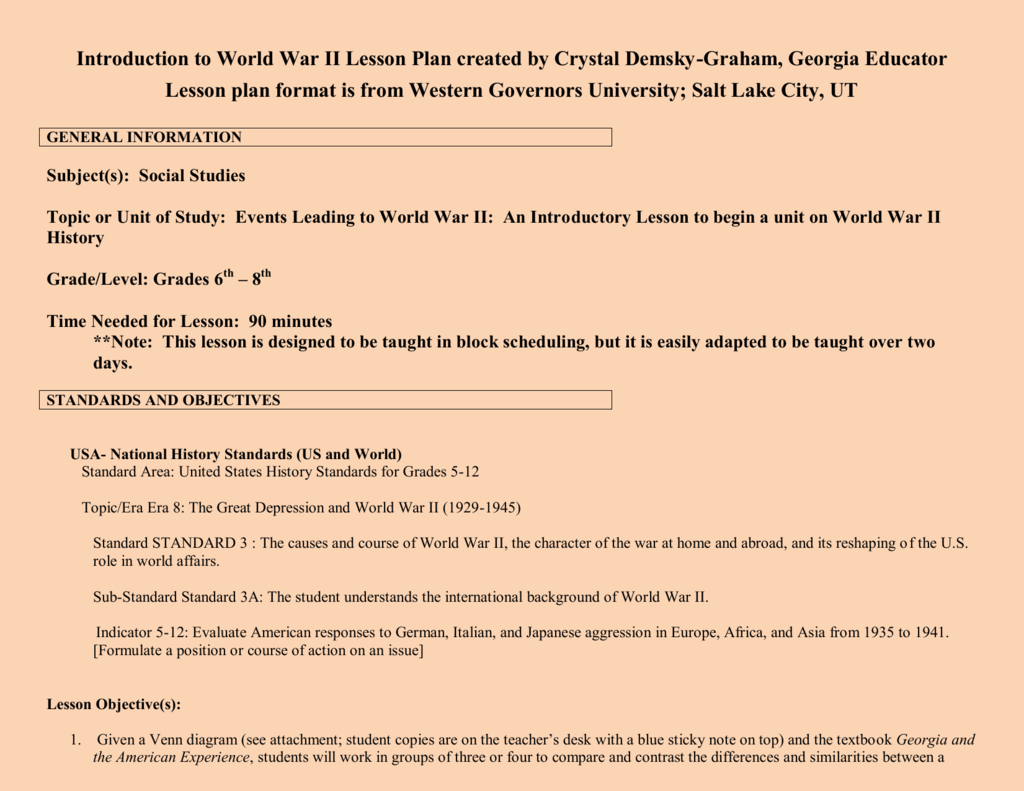 Introduction To World War Ii Lesson Plan Created