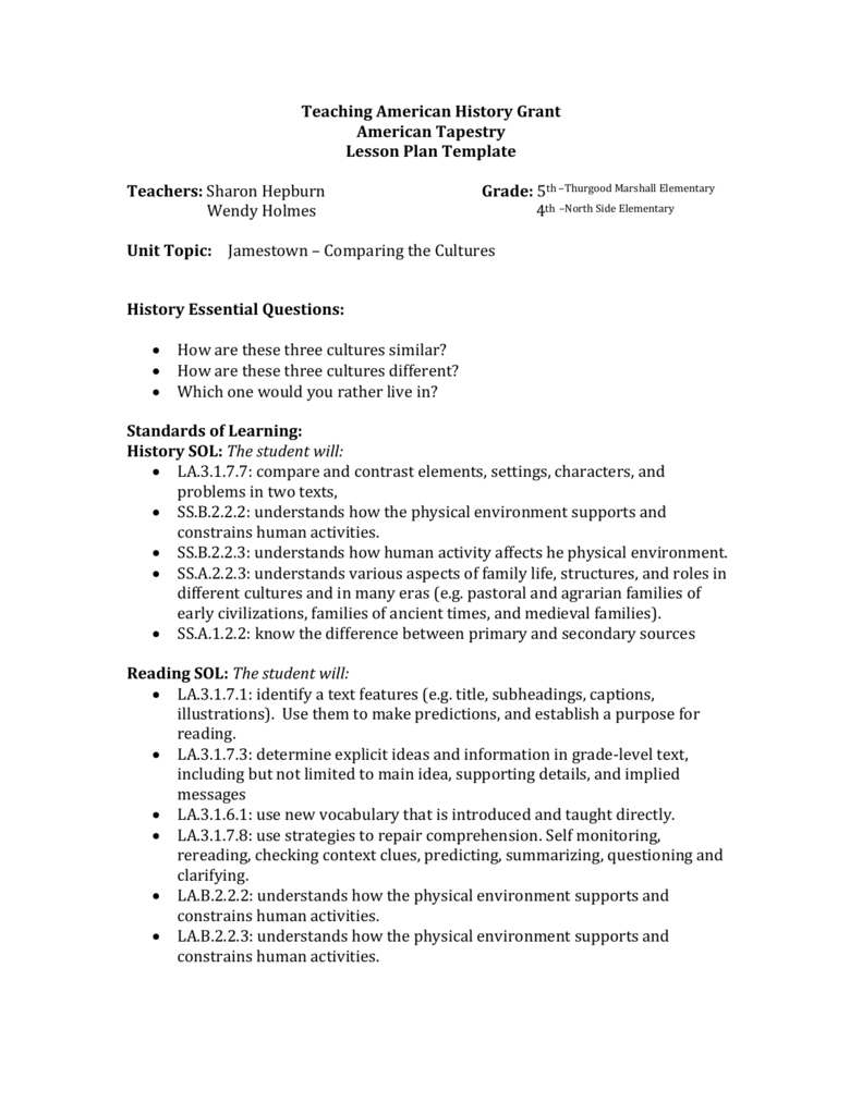 Jamestown - Comparing The Cultures Lesson Plan