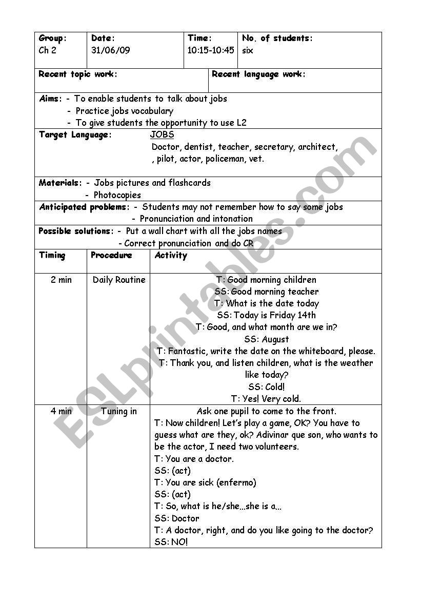 Jobs Lesson Plan - Esl Worksheetvicodp10