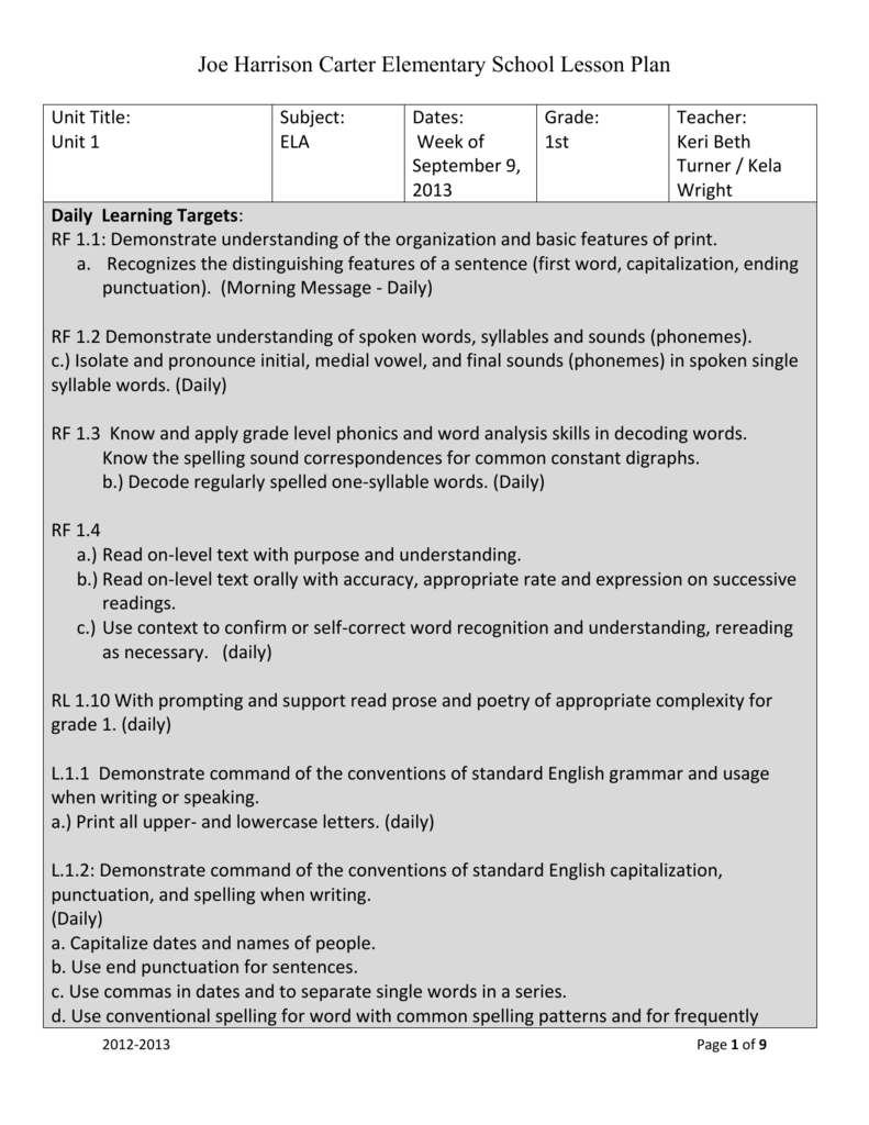 Joe Harrison Carter Elementary School Lesson Plan