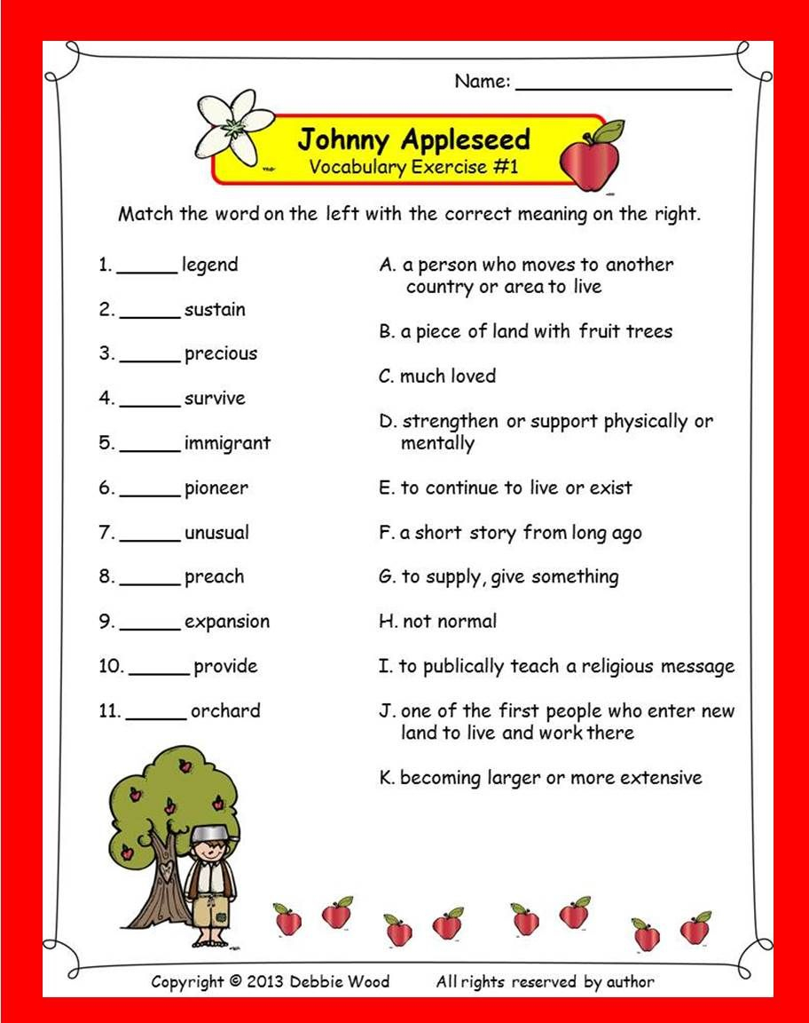 Johnny Appleseed Activities | Vocabulary Exercises, Johnny