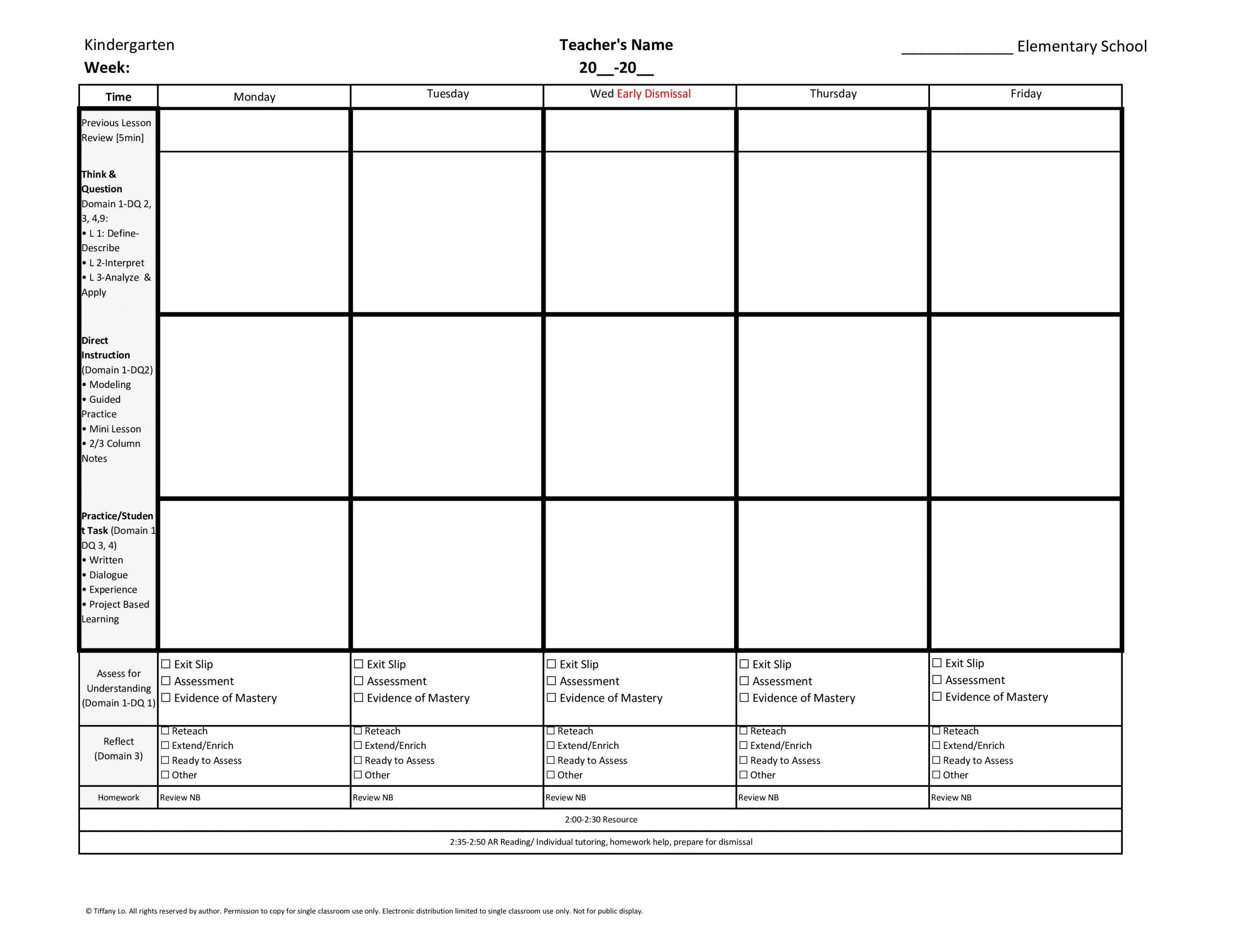 Kindergarten Common Core Weekly Lesson Plan Template W/ Drop Down Lists