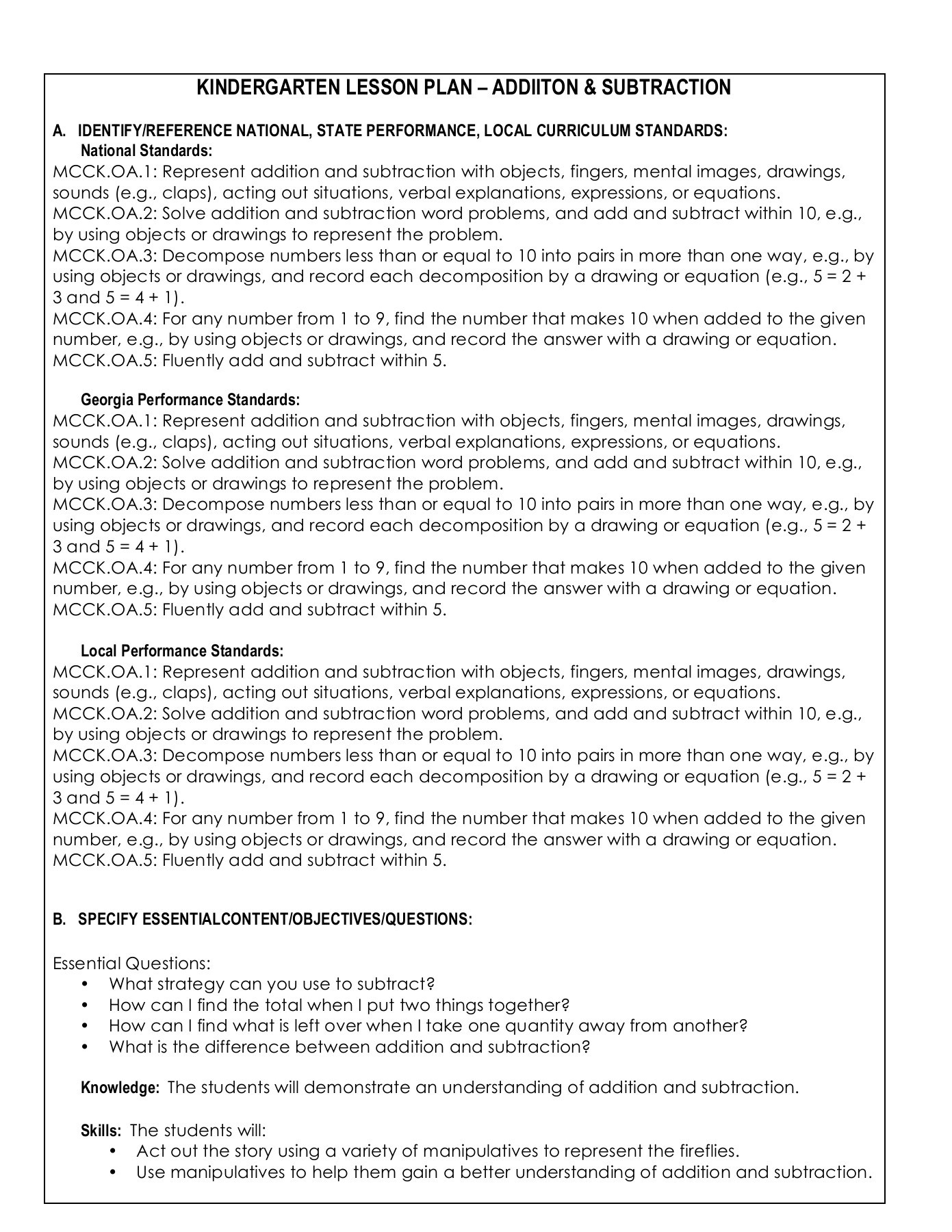 Kindergarten Lesson Plan – Addiiton &amp;amp; Subtraction