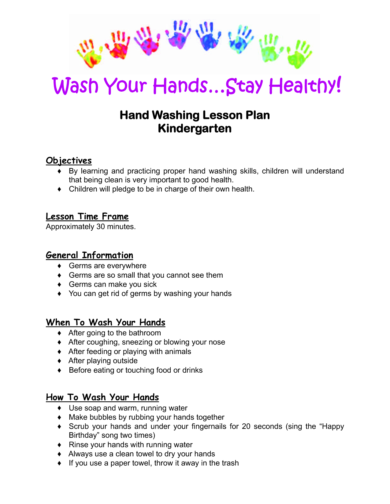 Kindergarten Lesson Plan | Hand Washing Lesson Plan Kindergarten