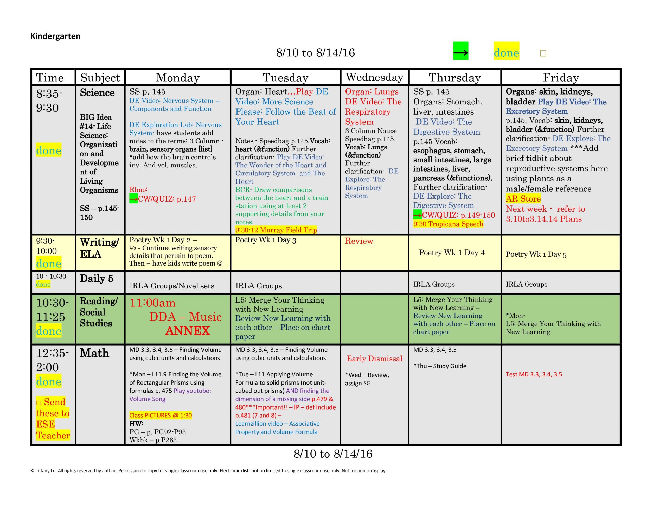 Kindergarten Lesson Plan Template: One Week, One Page Glance Of All  Subjects With Common Core Standards Lists