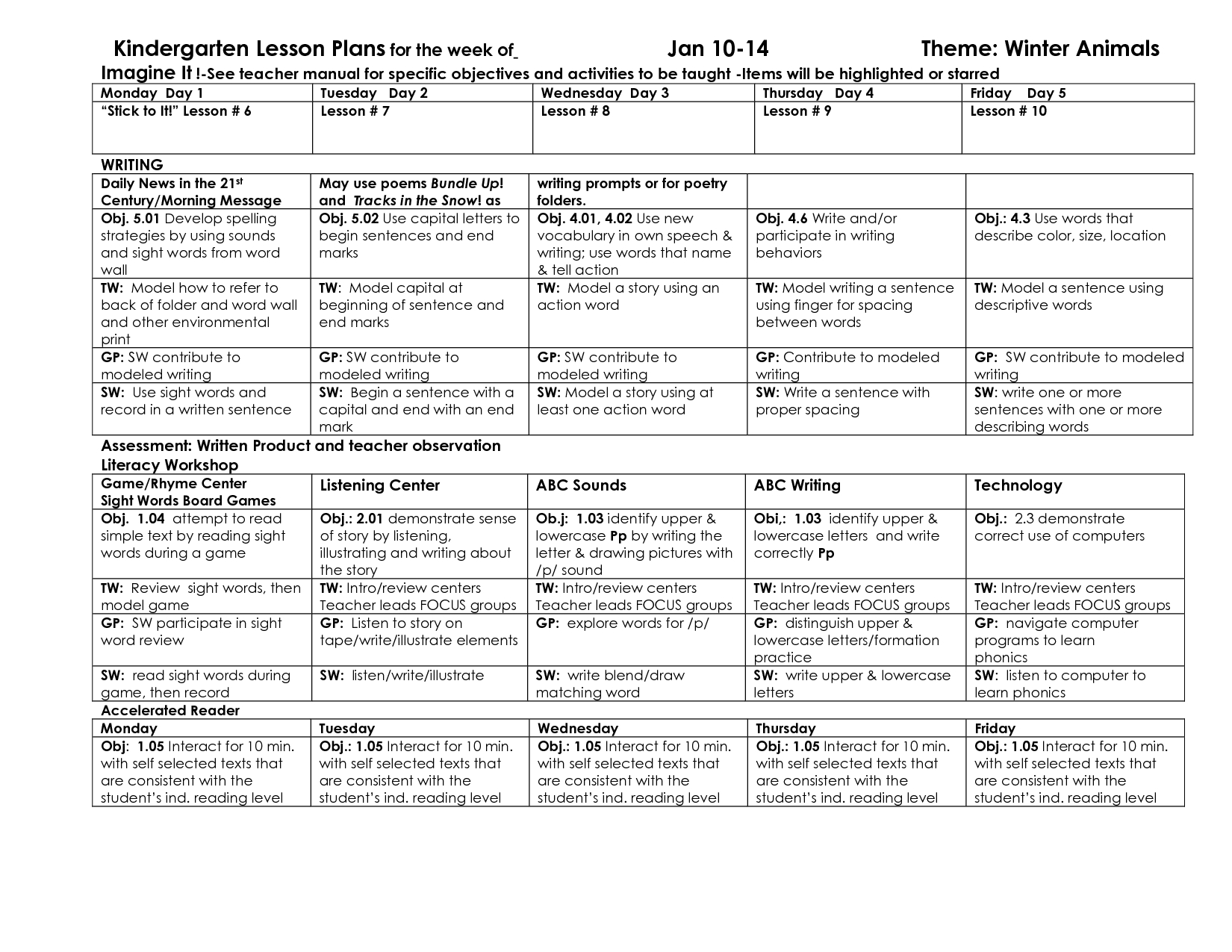 Kindergarten Lesson Plans For The Week Of | Writing Lesson