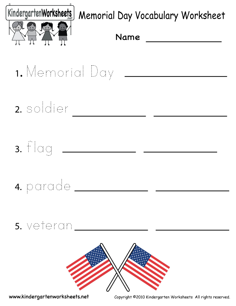 Kindergarten Memorial Day Vocabulary Worksheet Printable