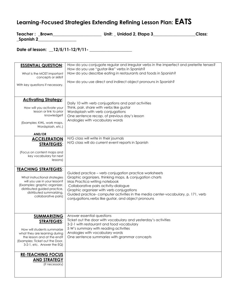 Learning-Focused Strategies Extending Refining Lesson Plan: Eats