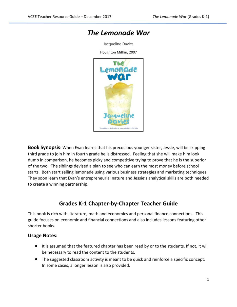 Lemonade War Teacher&amp;#039;s Guide K-1