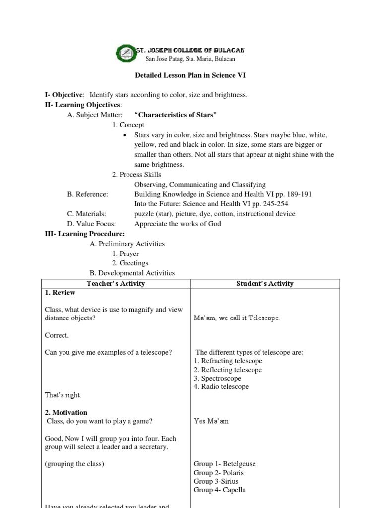 Lesson Plan #3: Characteristics Of Stars | Grade 1 Lesson