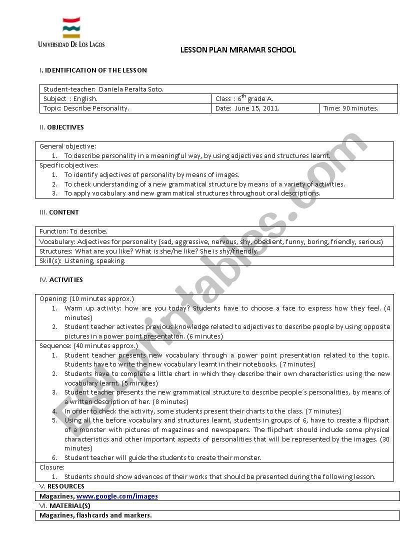 Lesson Plan About Adjectives Of Personality. - Esl Worksheet