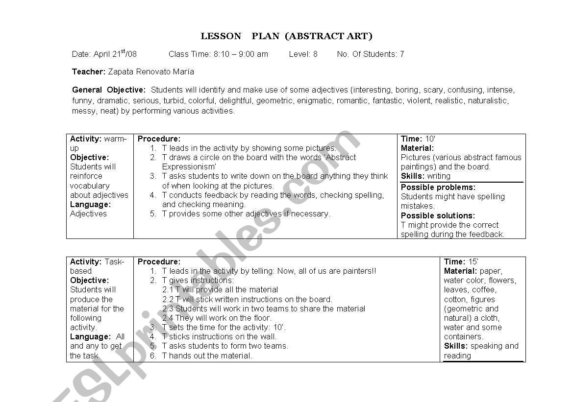 Lesson Plan: Abstract Art - Esl Worksheetmariza