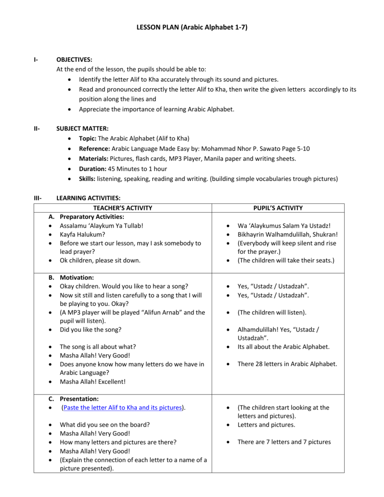 Lesson Plan (Arabic Alphabet 1-7)