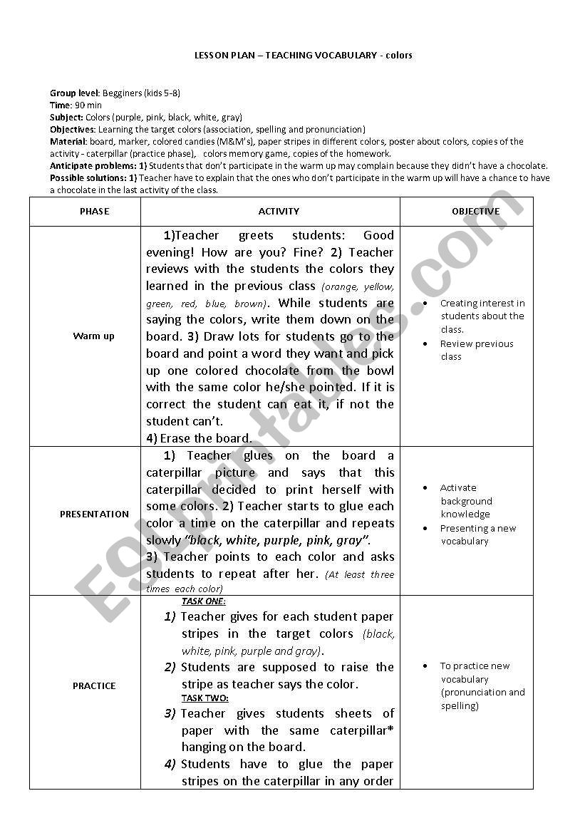 Lesson Plan Colours For Kids - Esl Worksheetllocosta