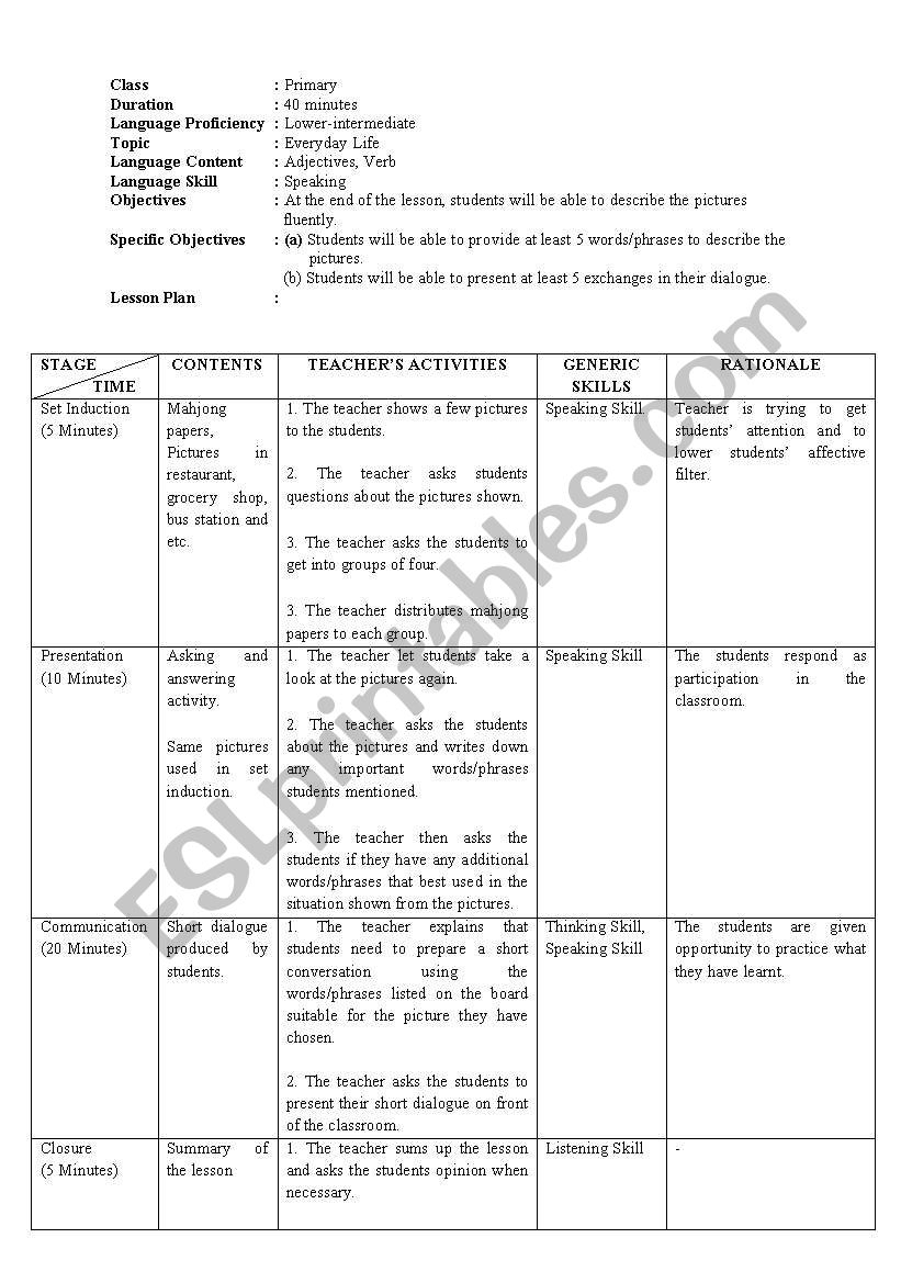 Lesson Plan For Adjectives - Esl Worksheetallyshea