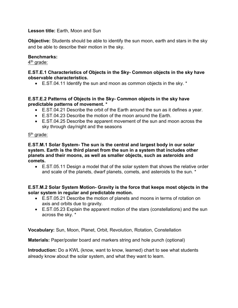 Lesson Plan For Earth, Moon, And Sun