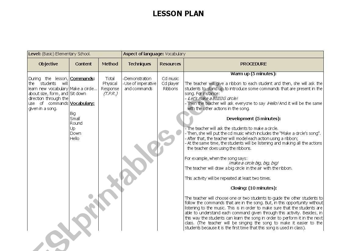 Lesson Plan For Kids - Esl Worksheetjohazel