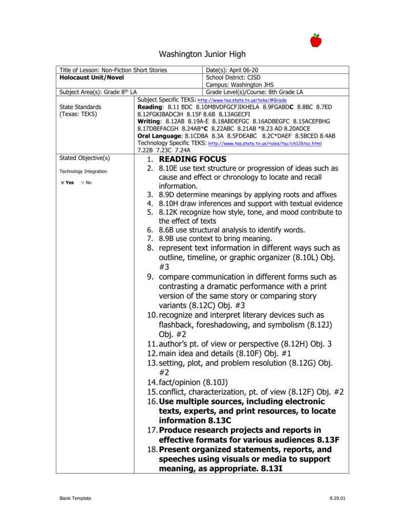 Lesson Plan Format - Booker T. Washington Junior High School