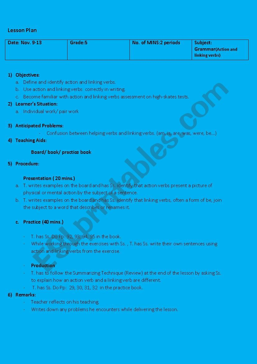 Lesson Plan Grade 5 (Action / Linking Verbs) - Esl Worksheet